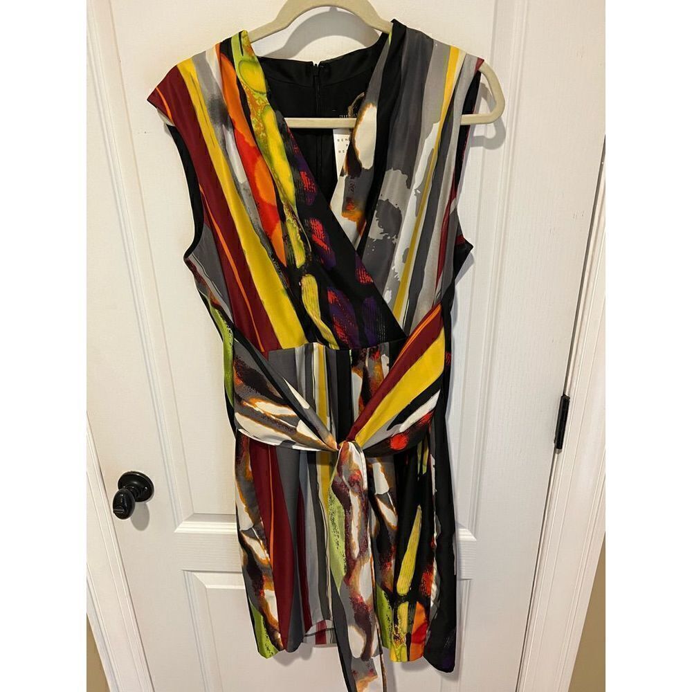 Ellen Tracy size 16 Abstract Print Striped Dress - Yellow, Red, Black, Gray